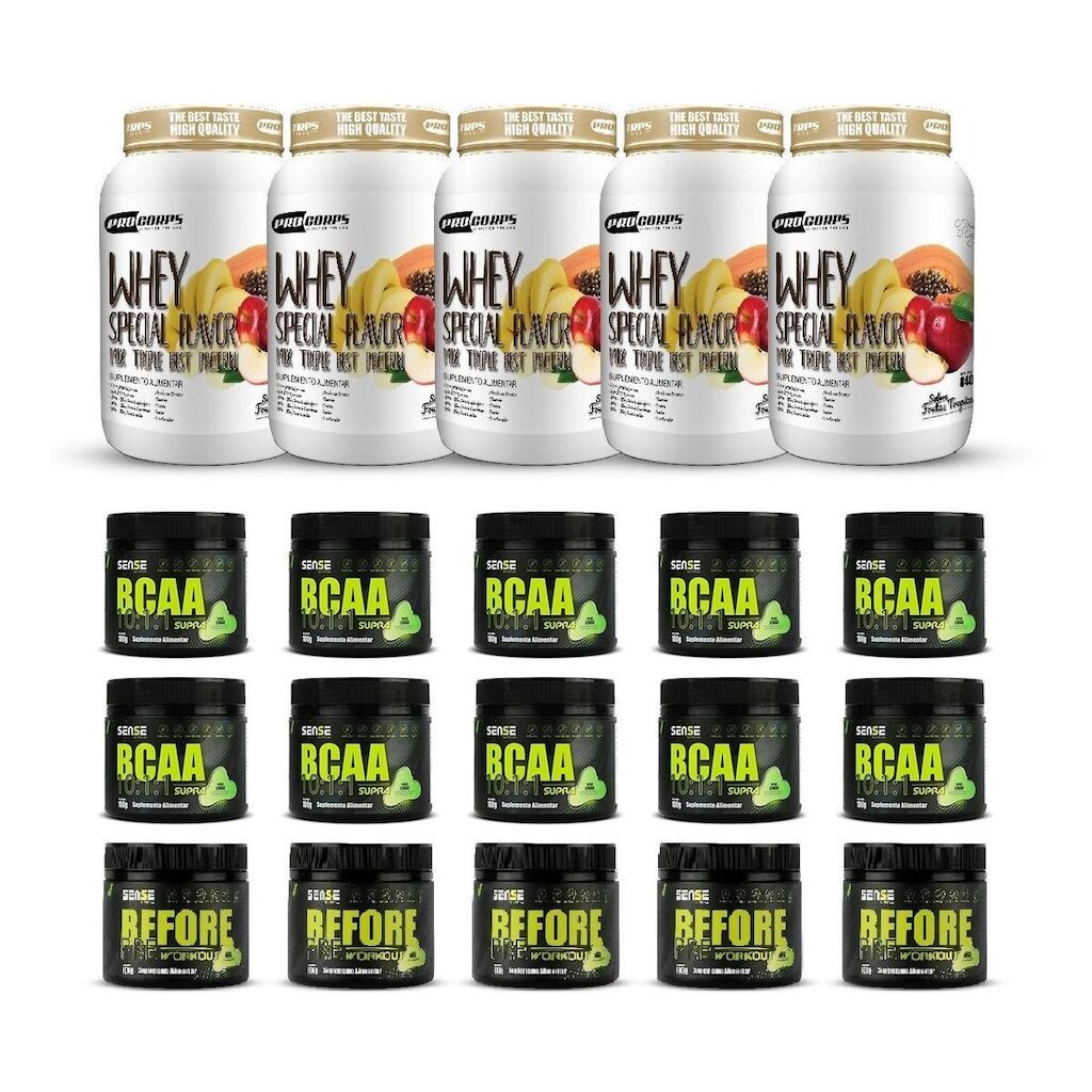 5 Kit Whey 840g + 5 Bcaa + 5 Pré Treino + 5 Glutamina
