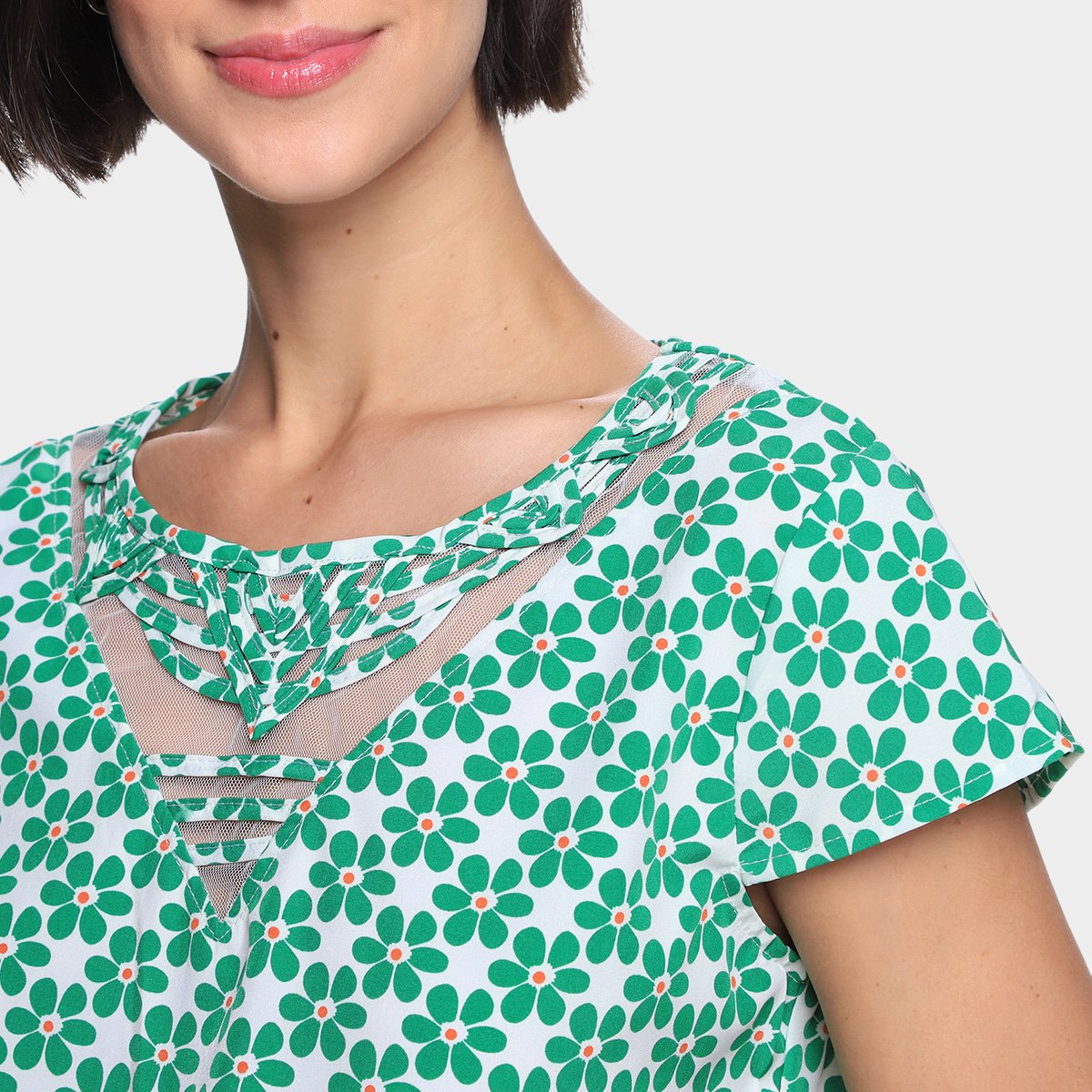 Blusa Dom Fashion Decote Recorte Tule Estampada Feminina - Tam: P - 2