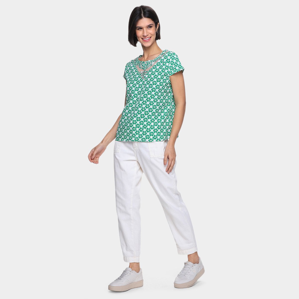 Blusa Dom Fashion Decote Recorte Tule Estampada Feminina - Tam: P - 3