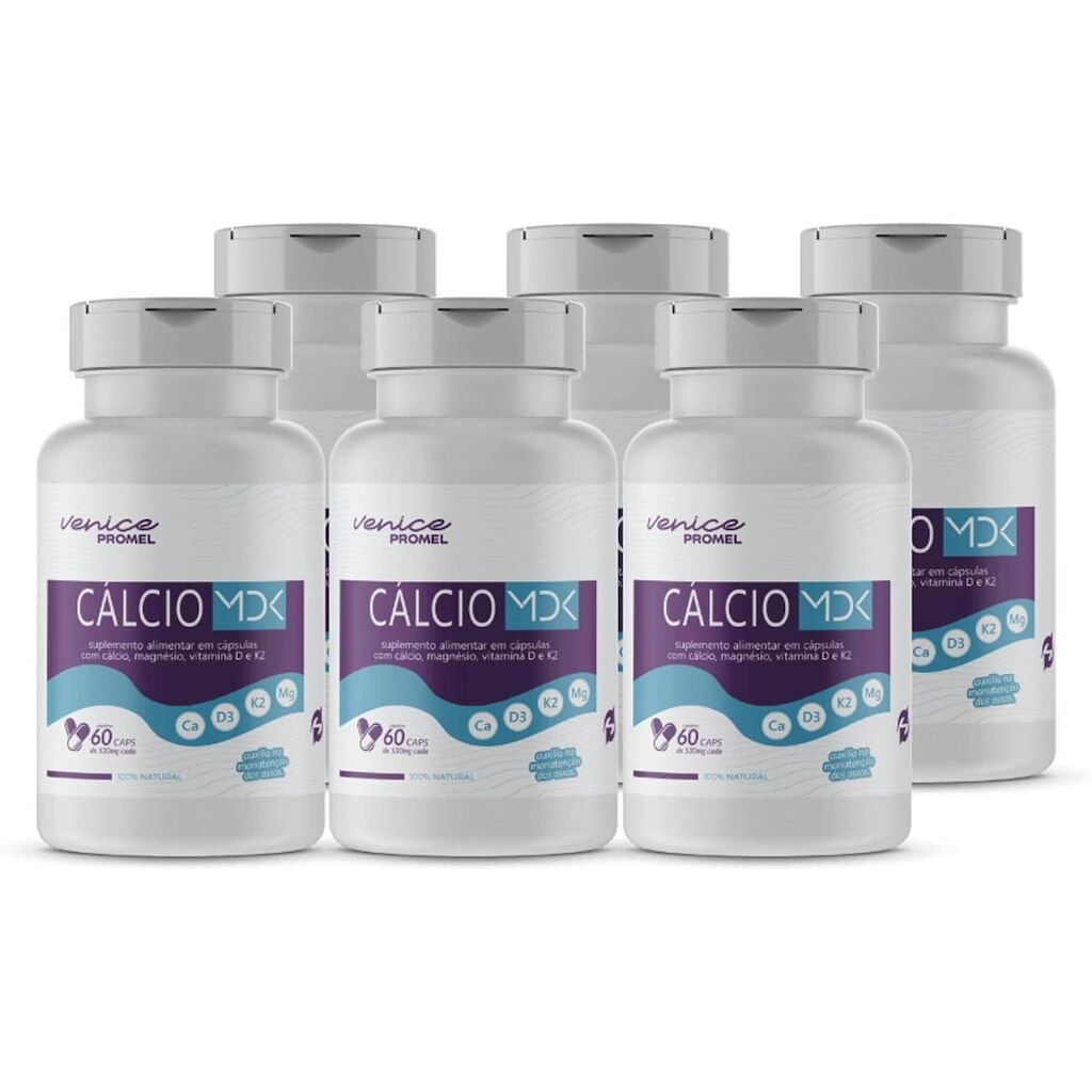 6 MDK Cálcio,Magnésio,Vitamina D3 e K2 60 Caps 500mg Promel