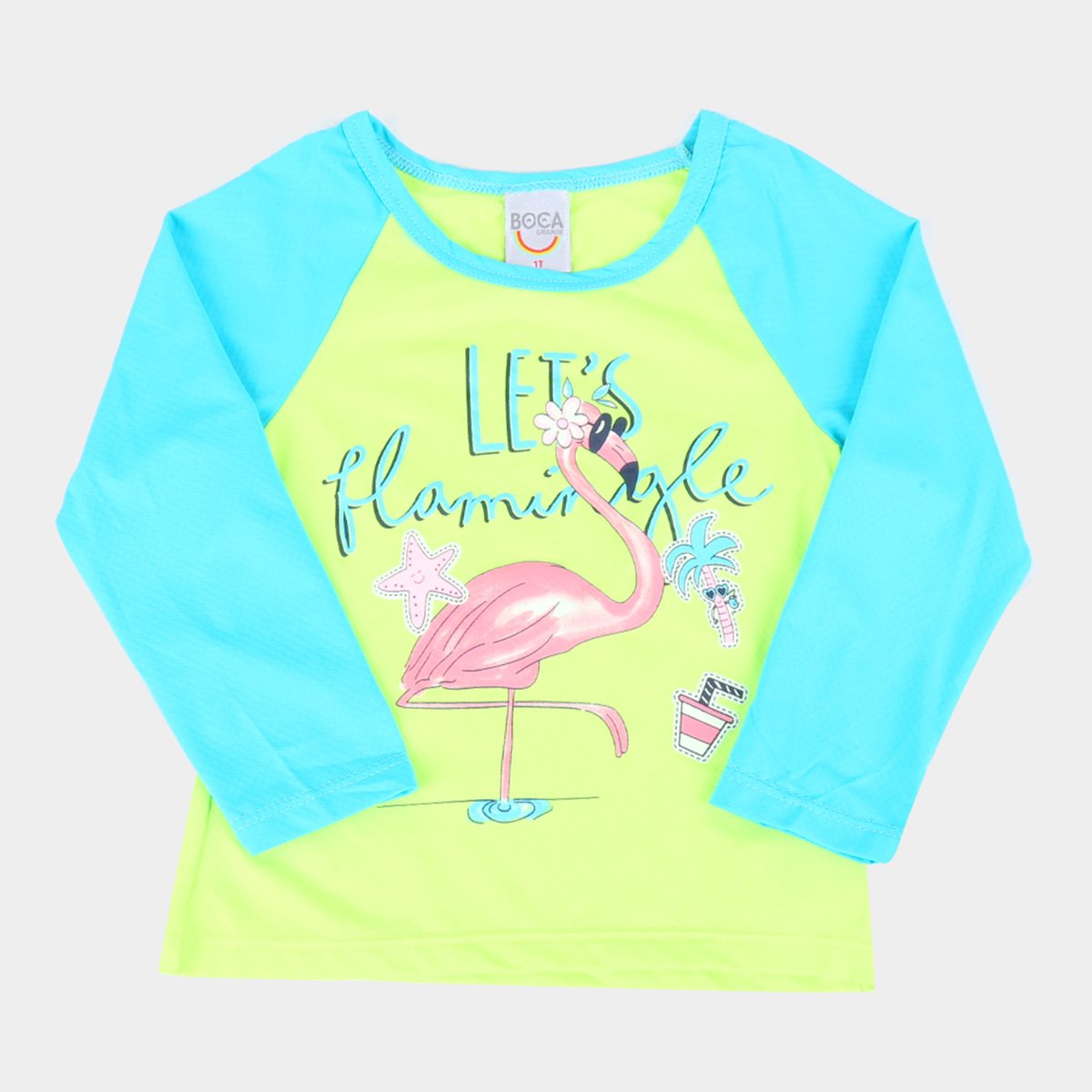 Camiseta Bebê Boca Grande Flamingo Manga Longa Proteção UV Feminina