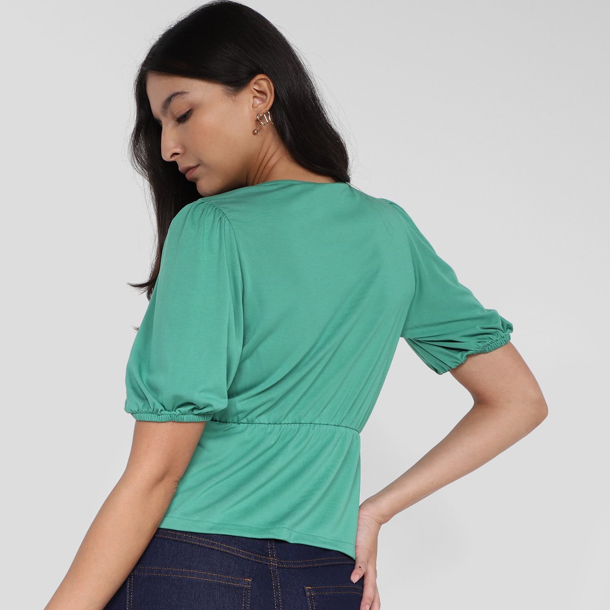 Blusa Dzarm Decote V Com Cordão Manga Elástico Feminina - Tam: M - 1