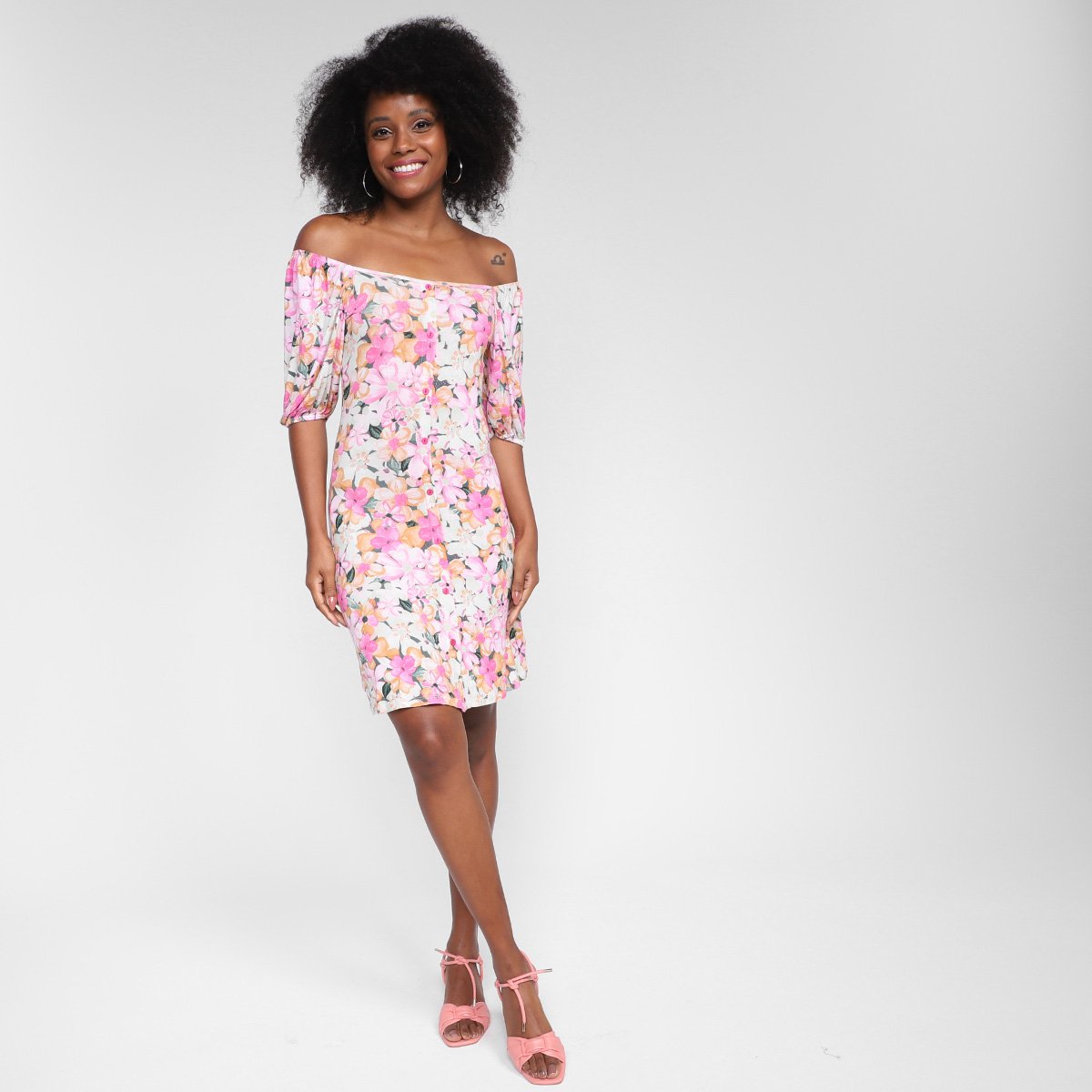 Vestido Lecimar Curto Ombro A Ombro Floral - Tam: P - 3