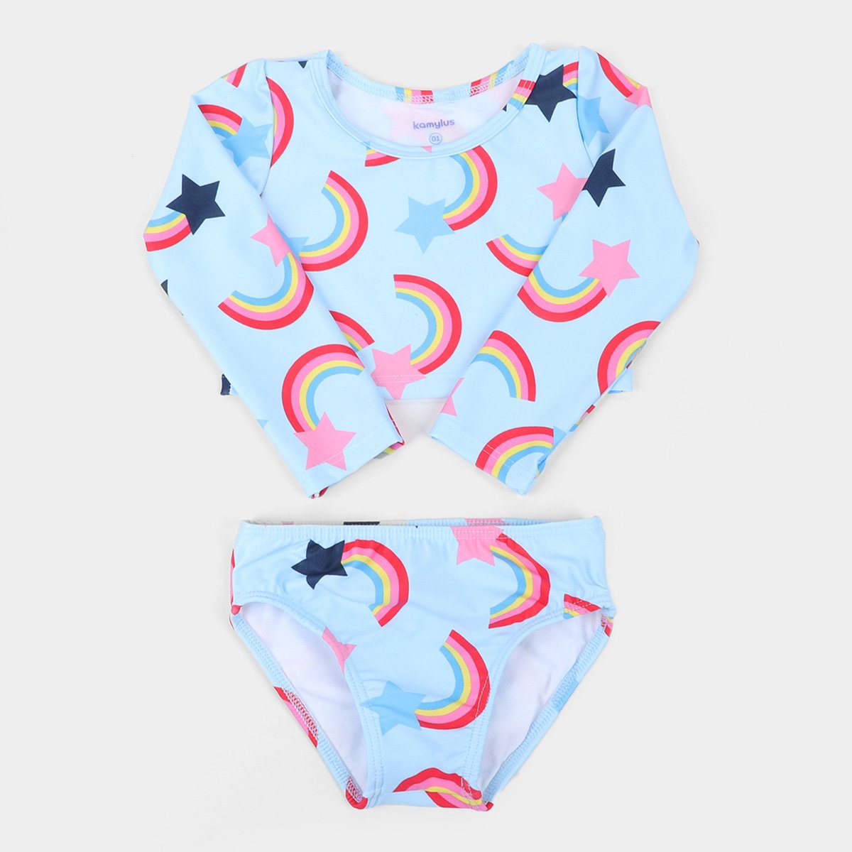 Conjunto de Praia Infantil Kamylus Com Proteção UV 50+ Top Manga Longa+ Calcinha Feminino