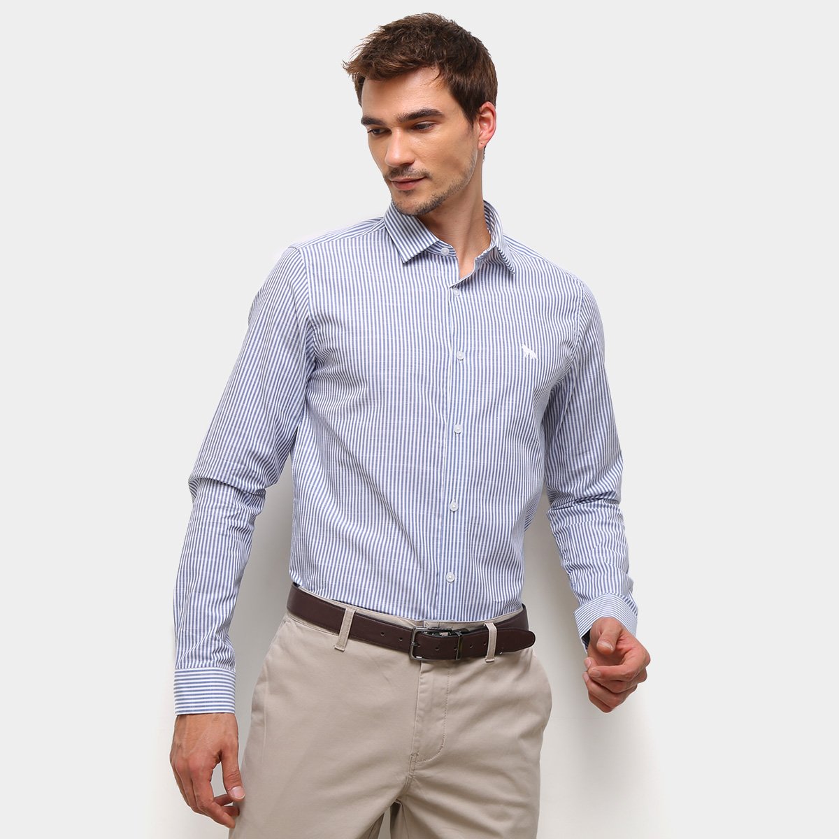 Camisa Social Manga Longa Acostamento Listrada Masculina