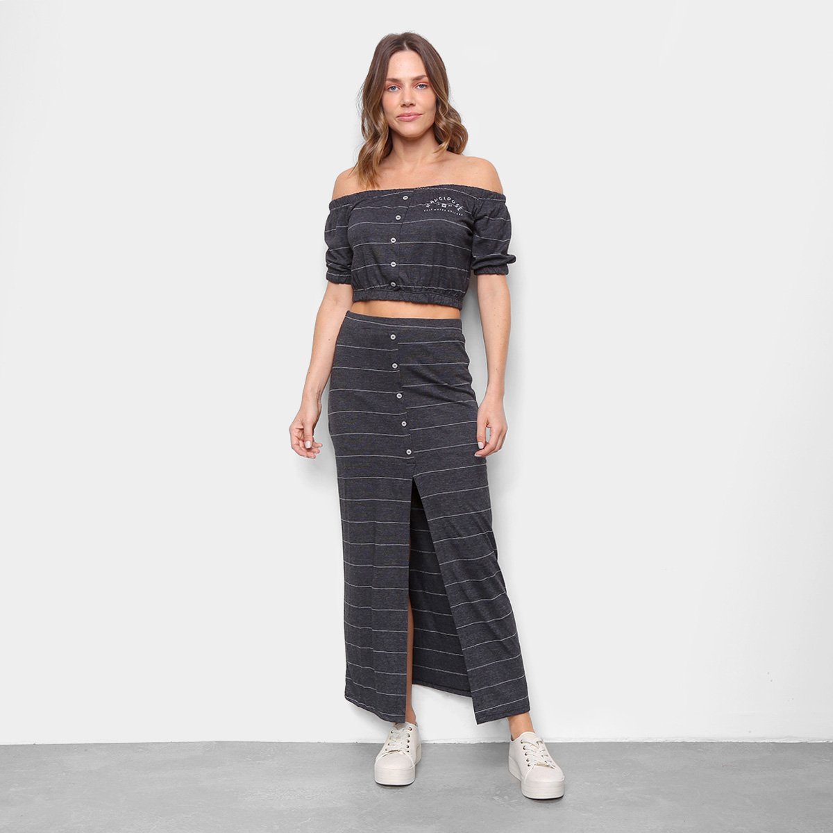 Conjunto Crooped Hang Loosee Ciganinha + Saia Fenda Feminino