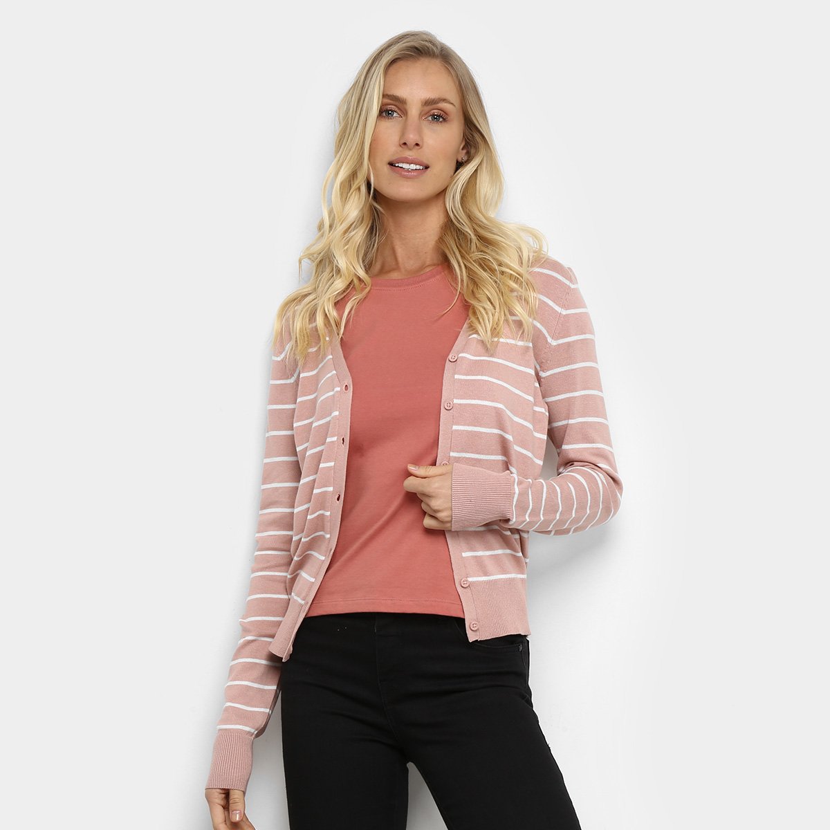 Cardigan Tricô Hering Listrado Com Botões Feminino