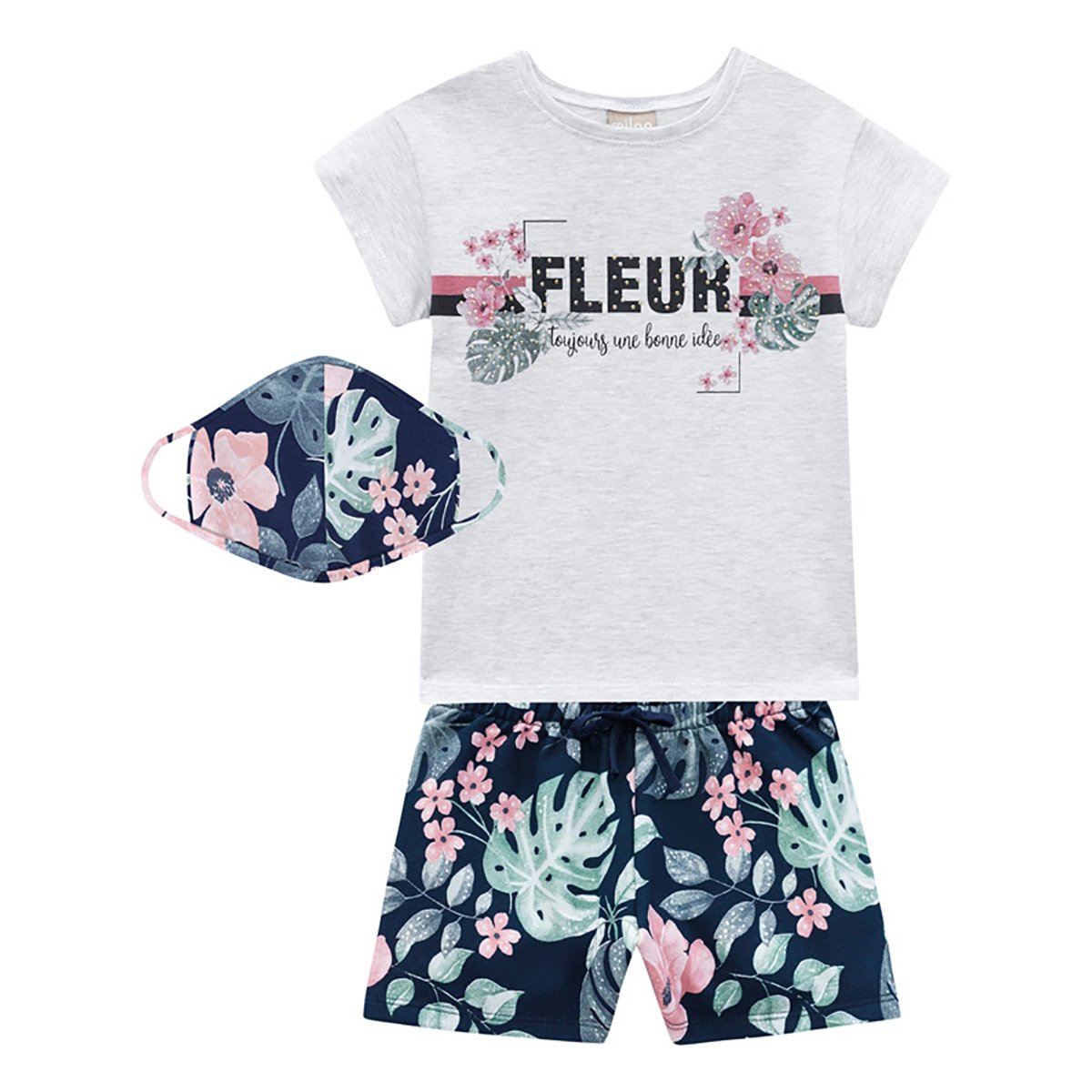Conjunto Infantil Milon Camiseta E Shorts+ Máscara Facial Floral Feminino