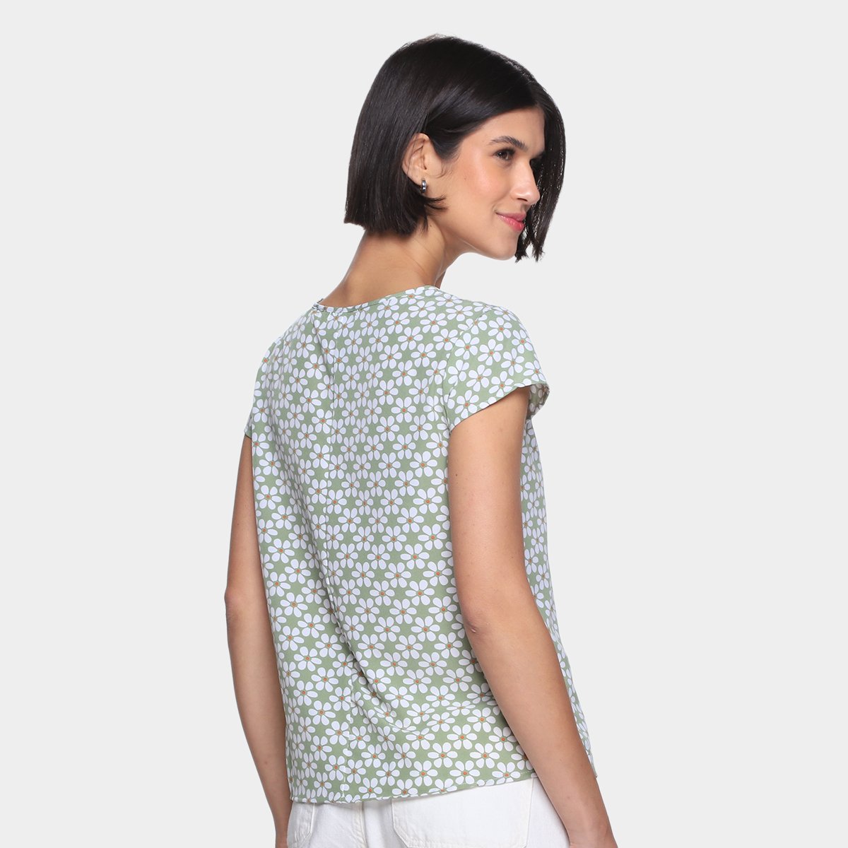 Blusa Dom Fashion Decote Recorte Tule Estampada Feminina - Tam: P - 1