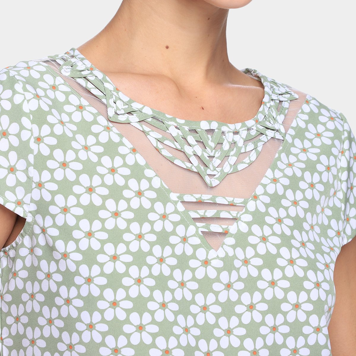 Blusa Dom Fashion Decote Recorte Tule Estampada Feminina - Tam: P - 2