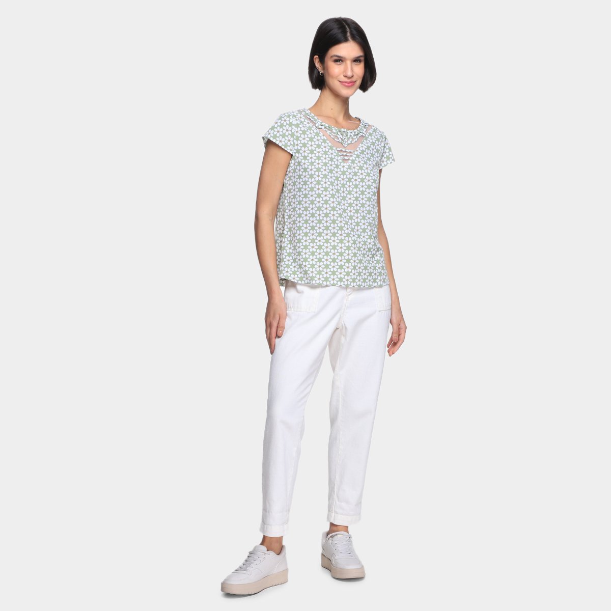 Blusa Dom Fashion Decote Recorte Tule Estampada Feminina - Tam: P - 3