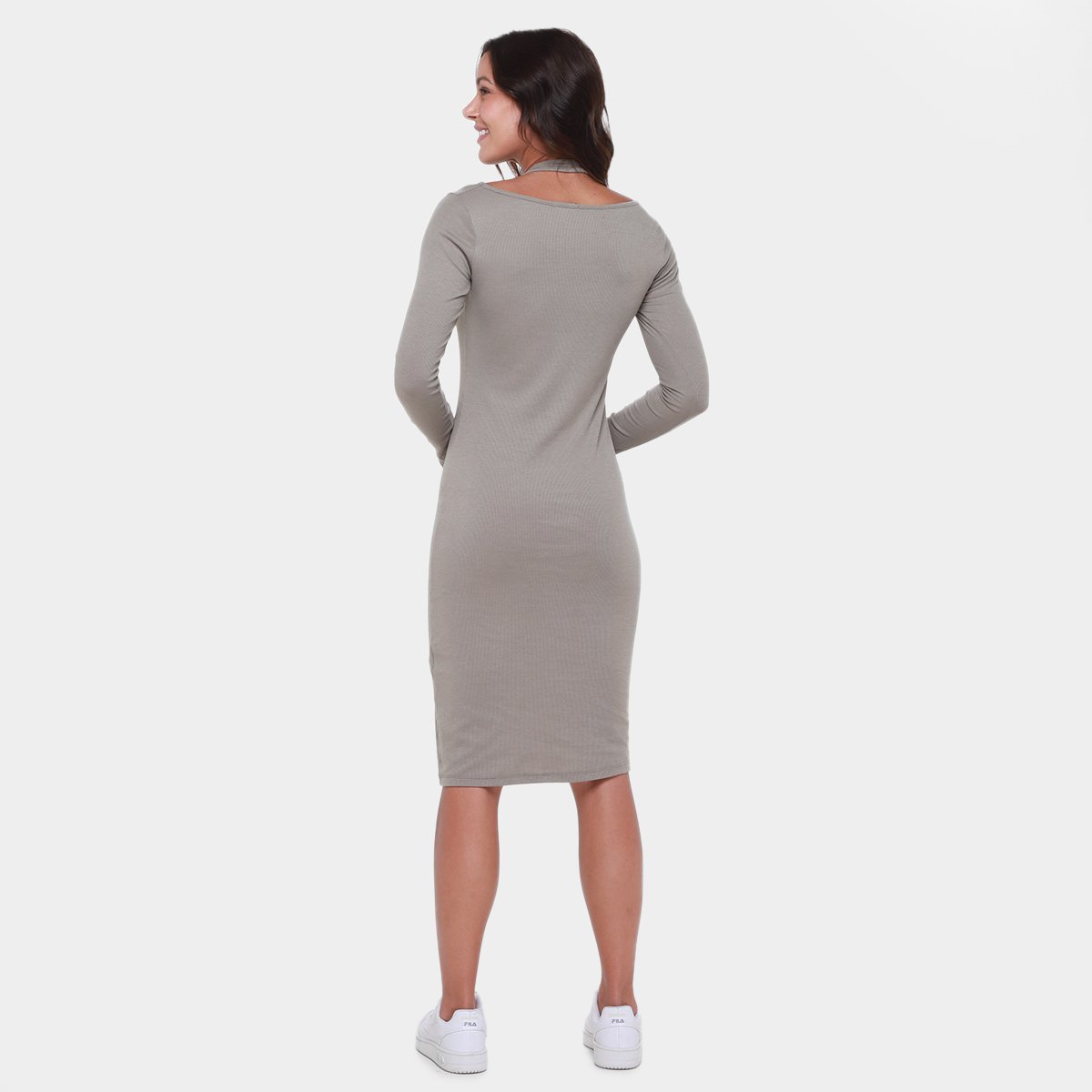 Vestido Shioo Tubinho Midi Manga Longa Canelado - Tam: P - 1