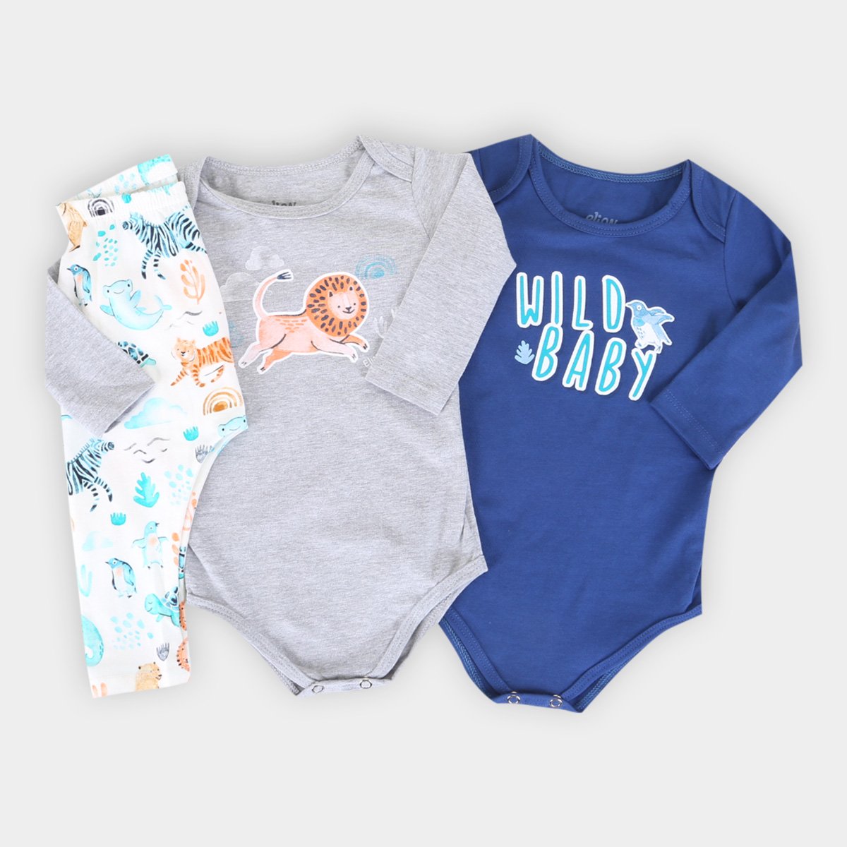 Kit Conjunto Bebê Elian Body Manga Longa E Calça Leãozinho 3 Peças Masculino