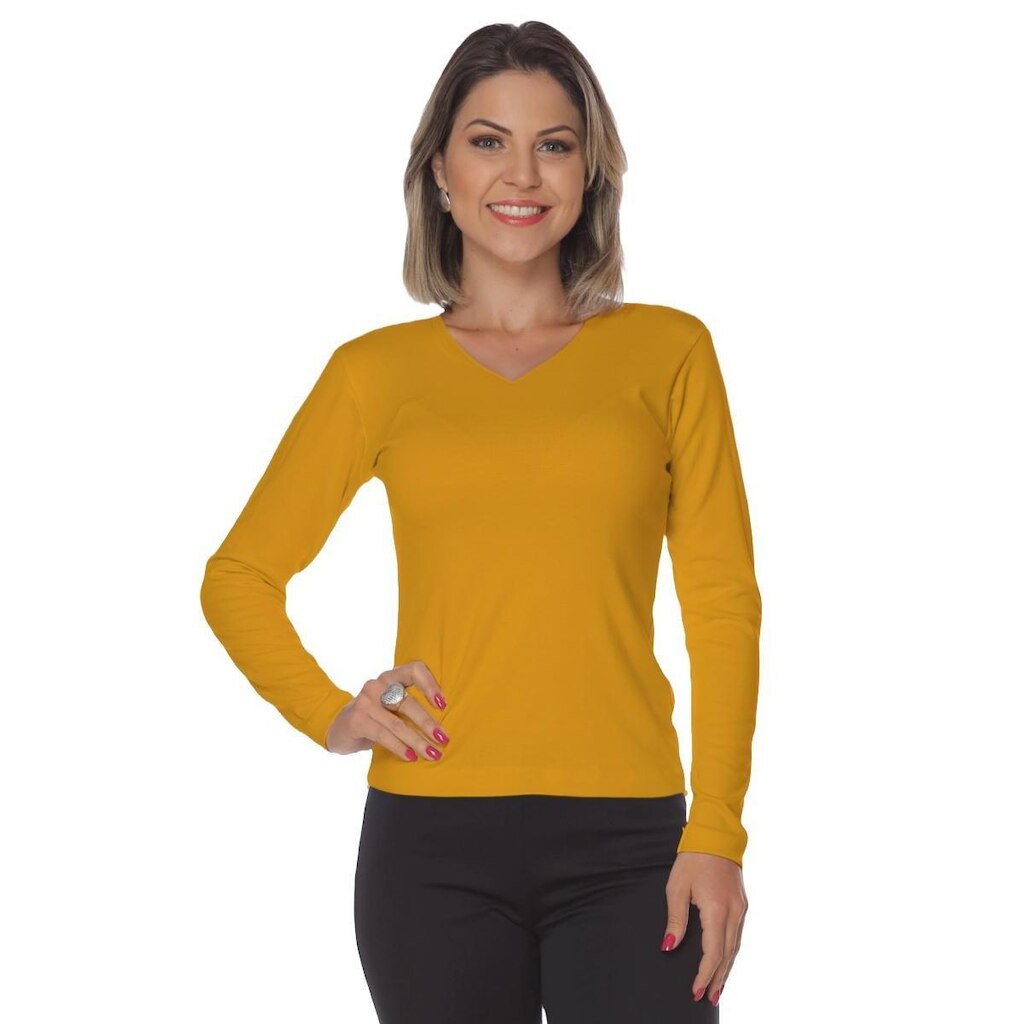 Baby look canelada ribana manga longa com elastano - Gola V