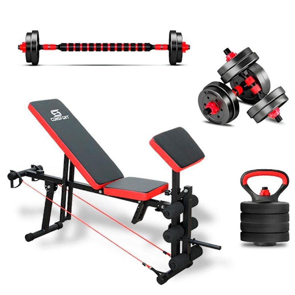 Banco para Supino Musculação e Kit Halteres Barras Anilhas Kettlebell Consport