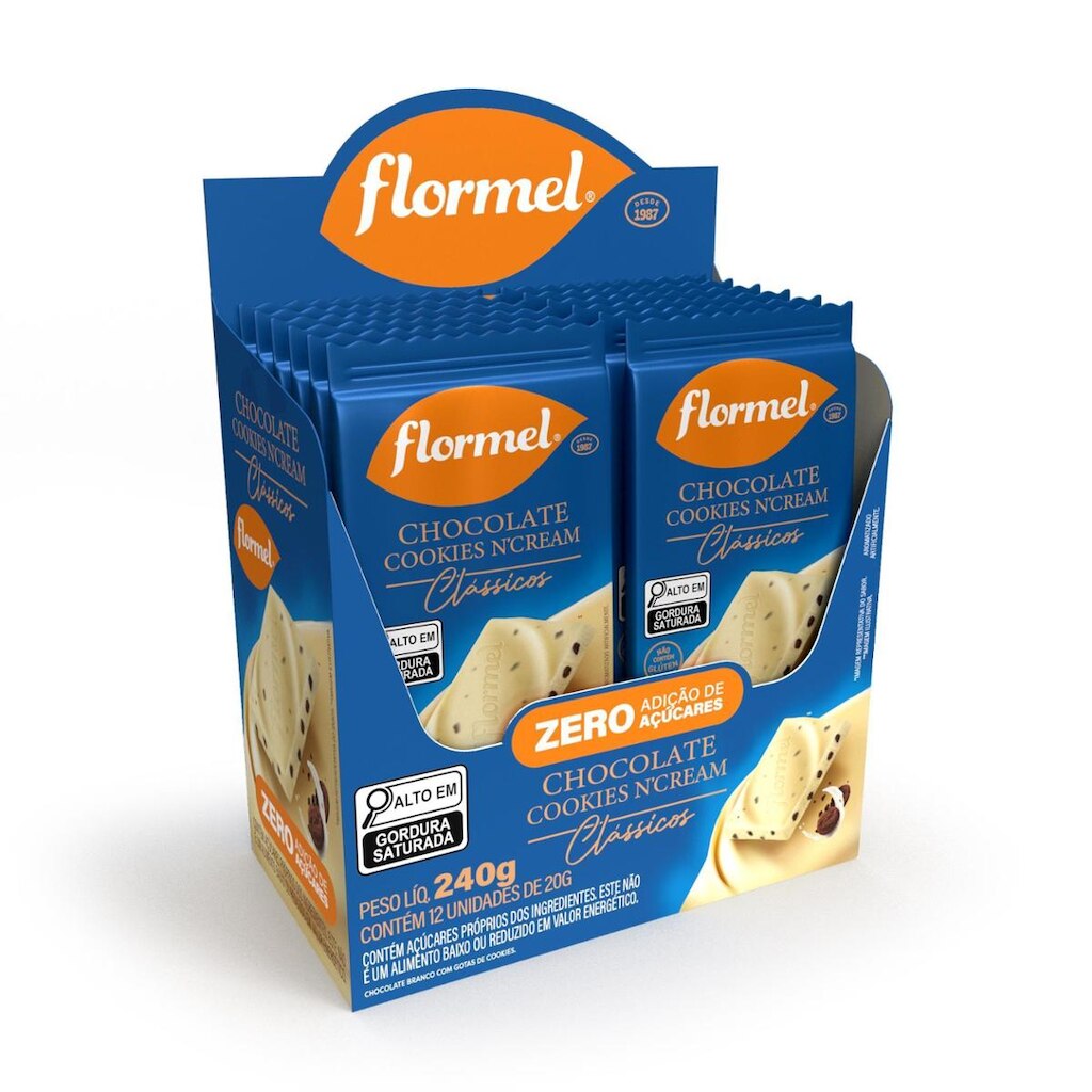 Barra de Chocolate Branco Zero Flormel com Pedaços de Cookies - 12 Unidades De 20G