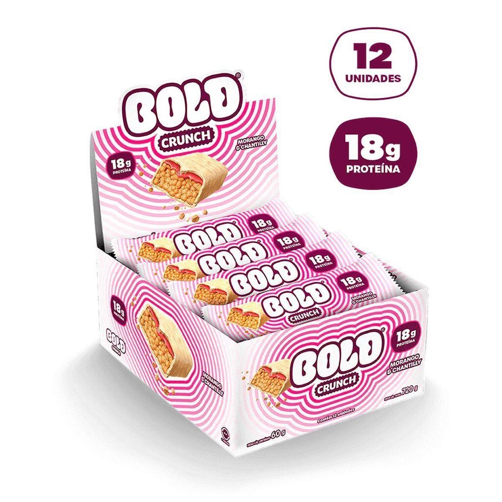 Barra de Proteína Crunch - 12 Unidades 60g Morango e Chantilly - Bold