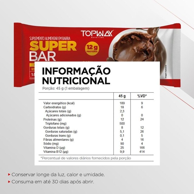Barra De Proteína Super Bar Dark Chocolate 45G Topway Kit 12