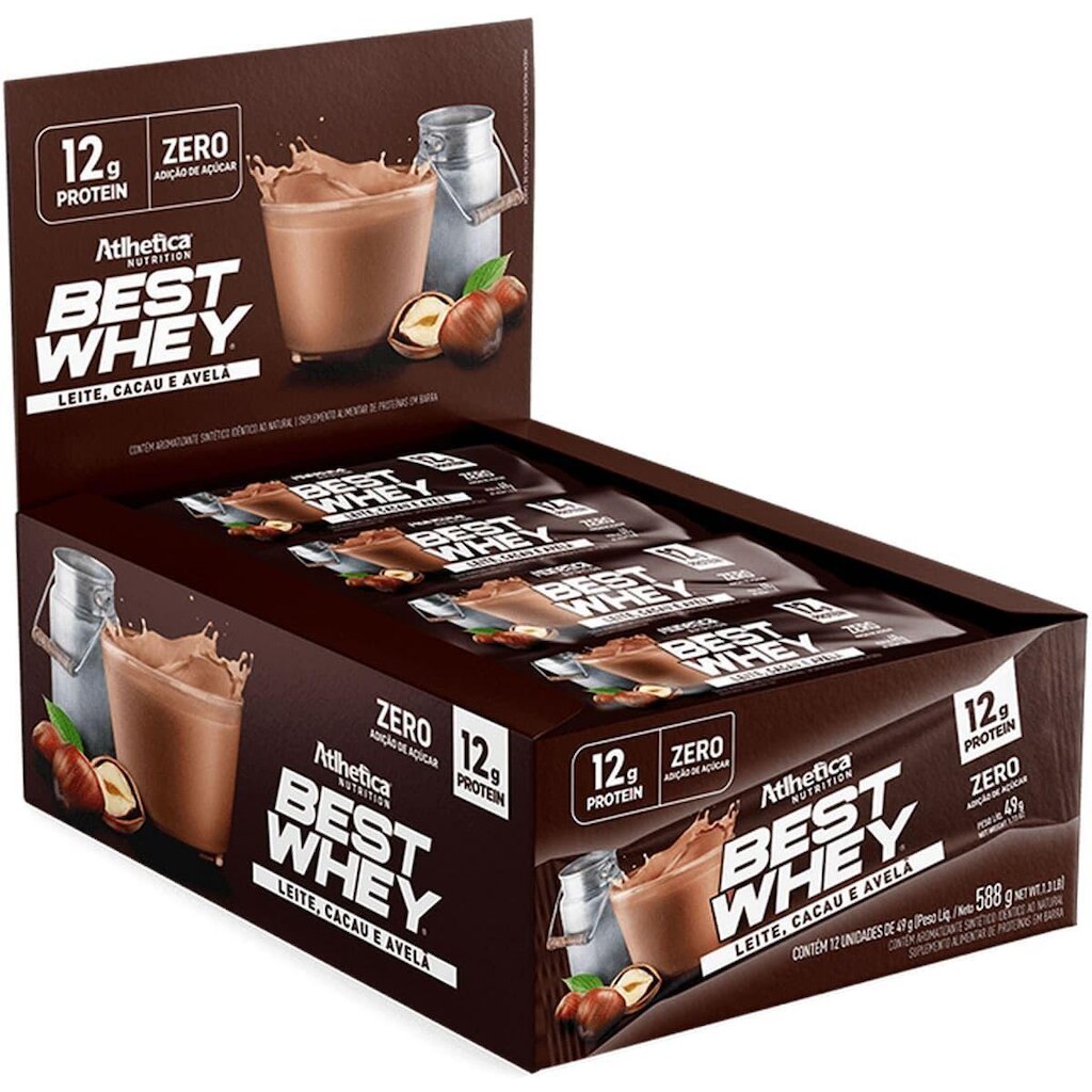 Barra Proteica Best Whey - 12 Barras 49g Leite, Cacau e Avelã - Atlhetica Nutrition