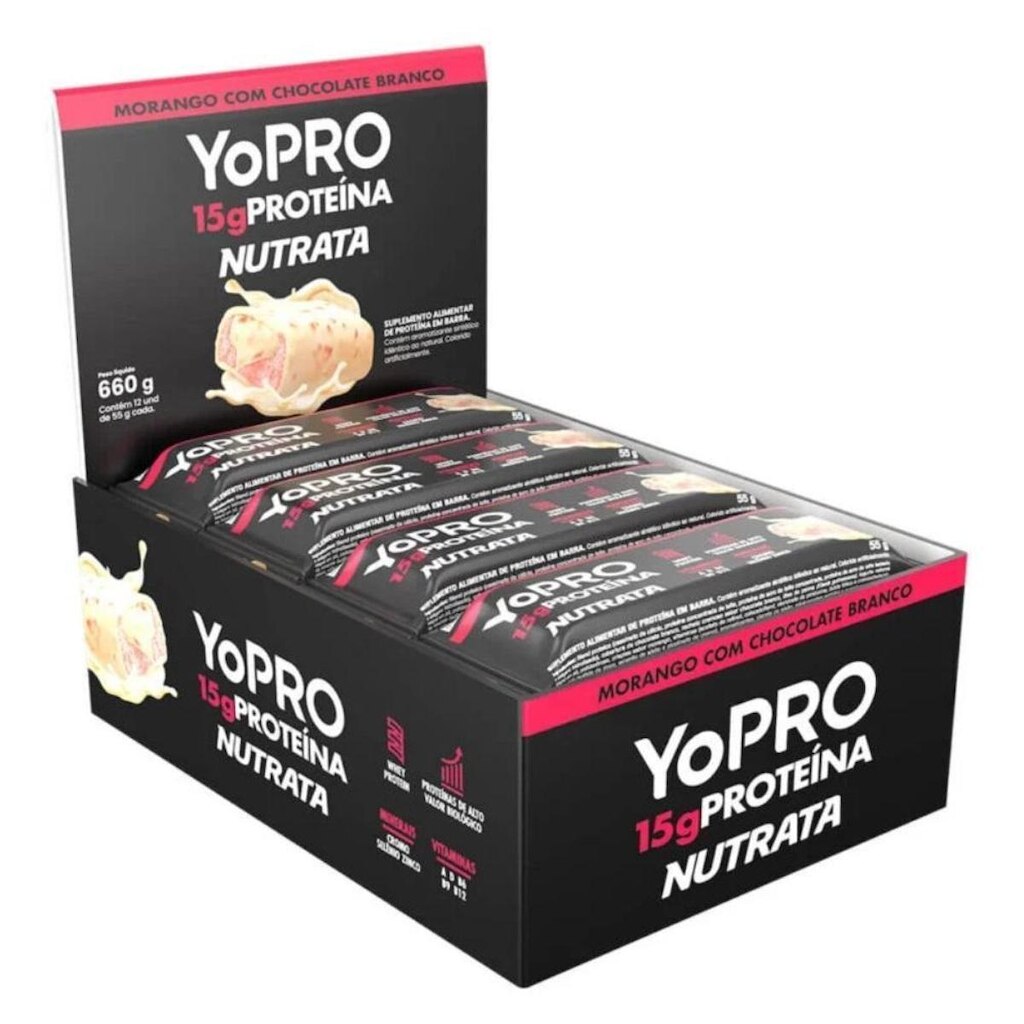 Barra YoPRO Sabor Morango Chocolate Branco - Nutrata 12 un.