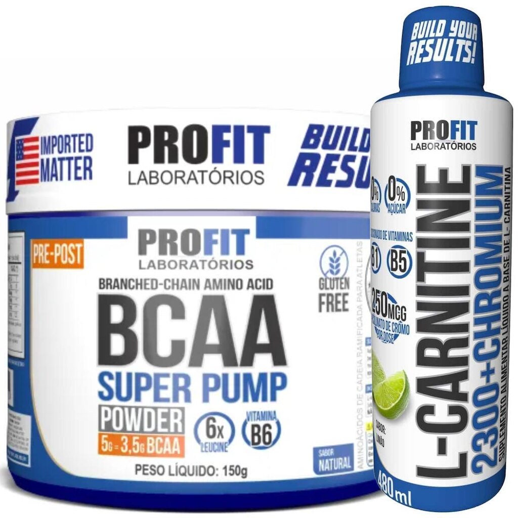 BCAA 150G SUPER PUMP SABOR NATURAL l L CARNITINE 480ML TERMOGÊNICO LÍQUIDO SABOR LIMÃO l PROFIT