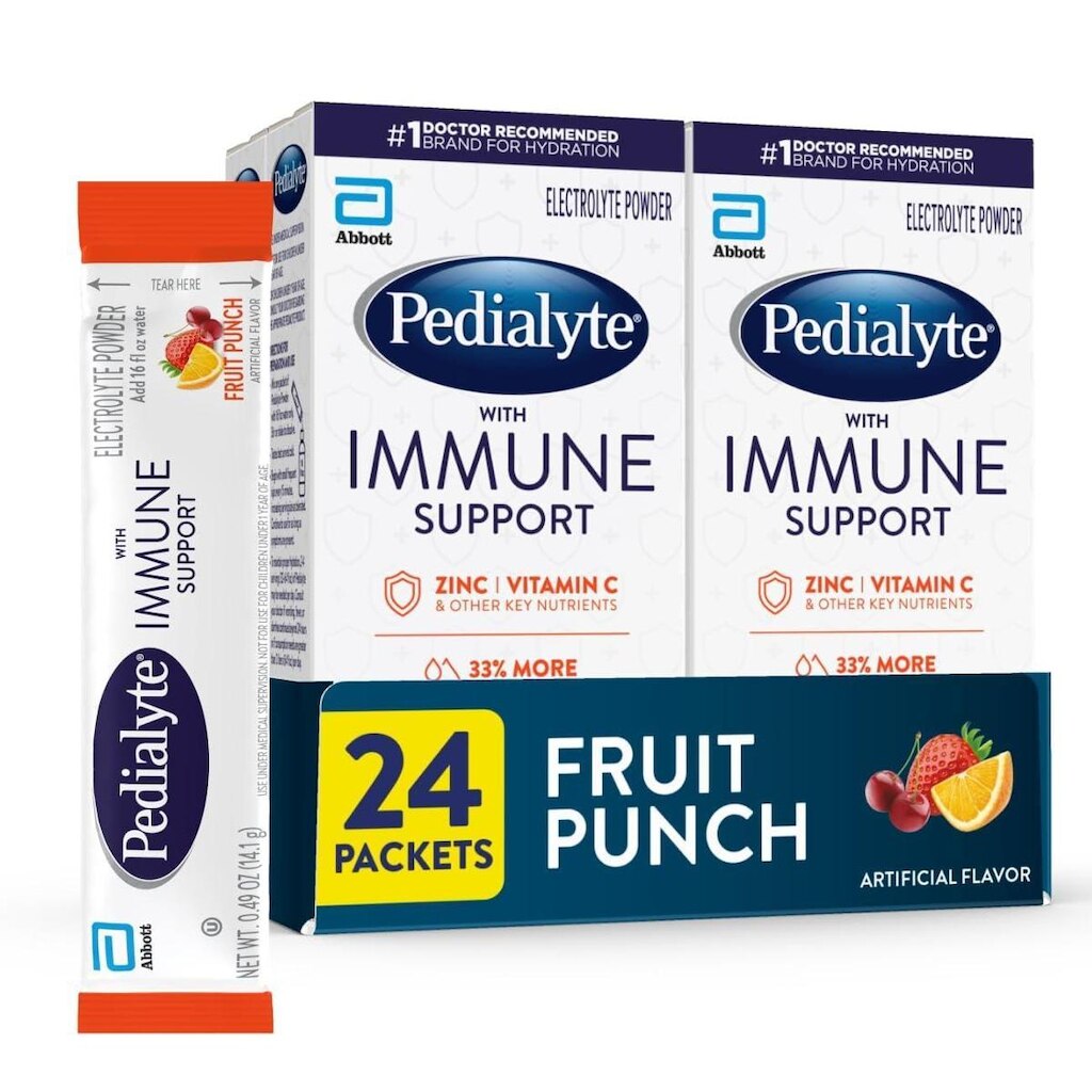 Bebida eletrolítica em pó Pedialyte com suporte imunológico, pacote com 24