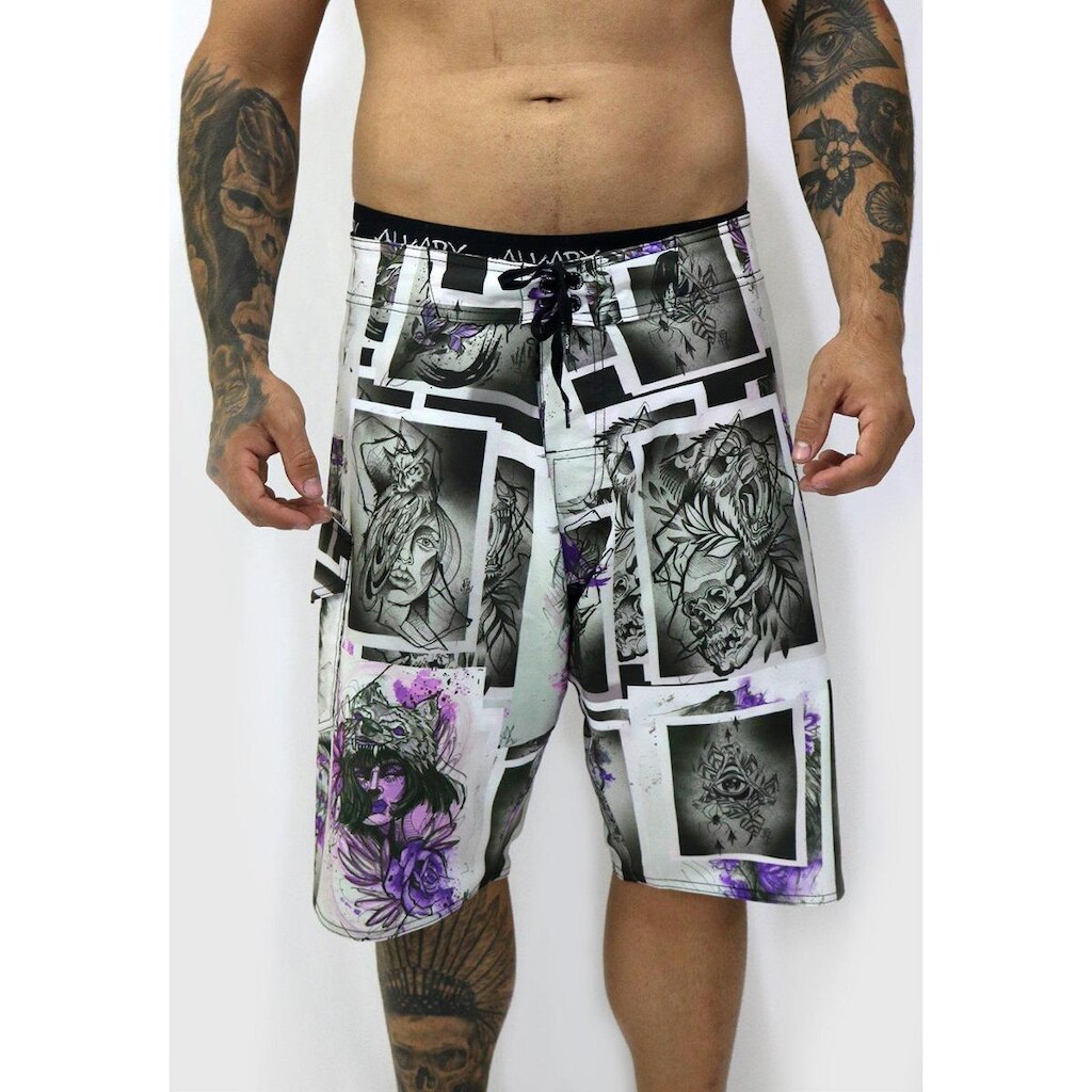 Bermuda Água Alkary Tattoo Pizzi Preta e Roxa