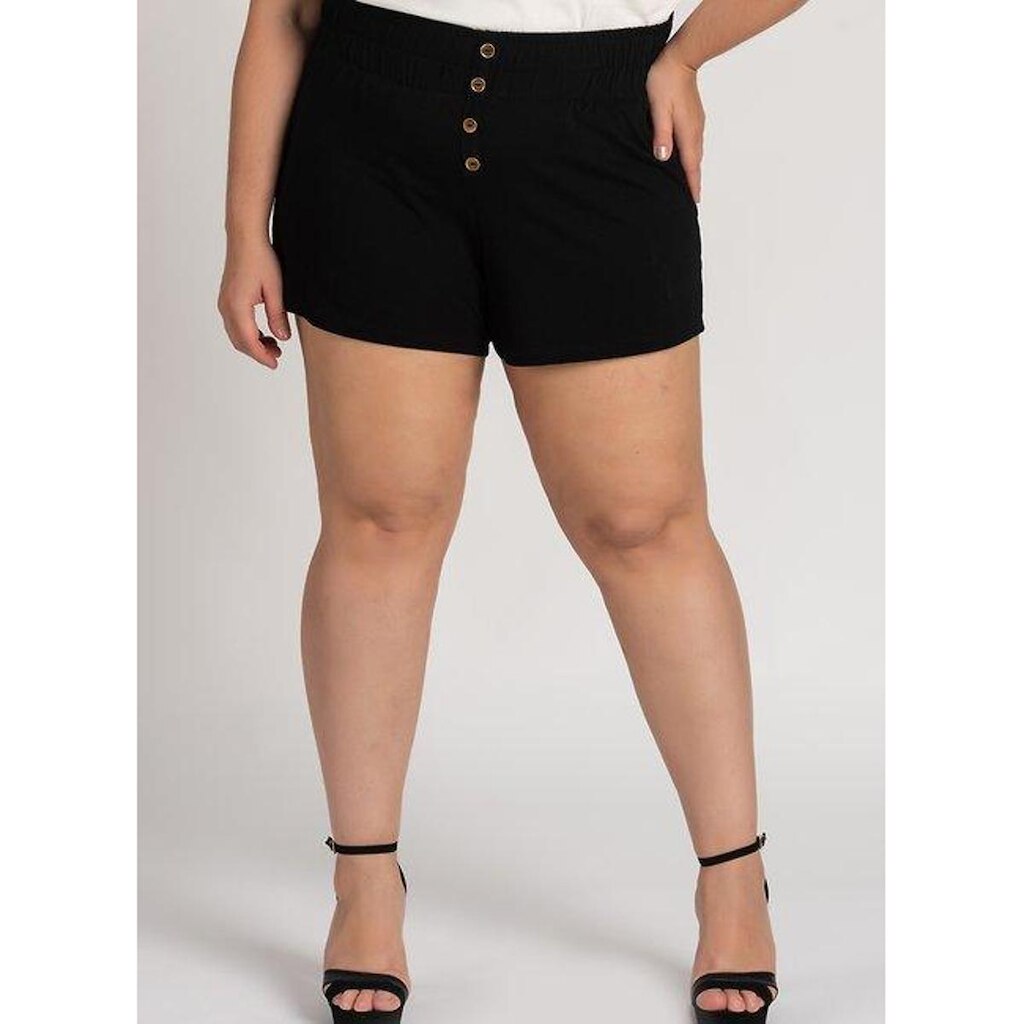 Bermuda Feminina Plus Size Moletinho Cós Alto Aplique Botões - Serena