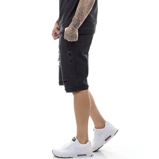 Bermuda Jeans Destroyed Slim Fit Masculina Preto Netshoes