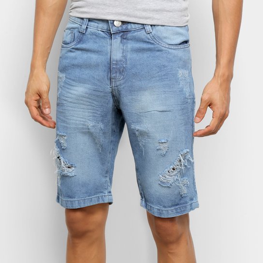 Bermuda Jeans Ecxo Puídos Masculina - Azul Menor preço em Bermuda Jeans Ecxo Puídos Masculina - Azul
