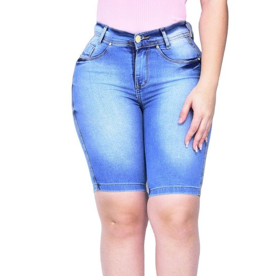 Bermuda Jeans Feminina Cintura Alta Ate o Joelho - Azul Claro Menor preço em Bermuda Jeans Feminina Cintura Alta Ate o Joelho - Azul Claro