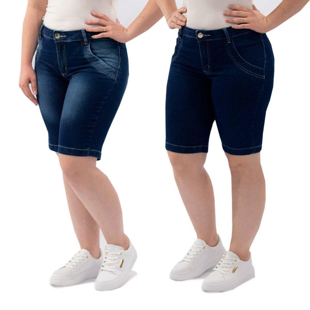 Bermuda Jeans Feminina Zíper Bolsos Básica Moderna Kit 2