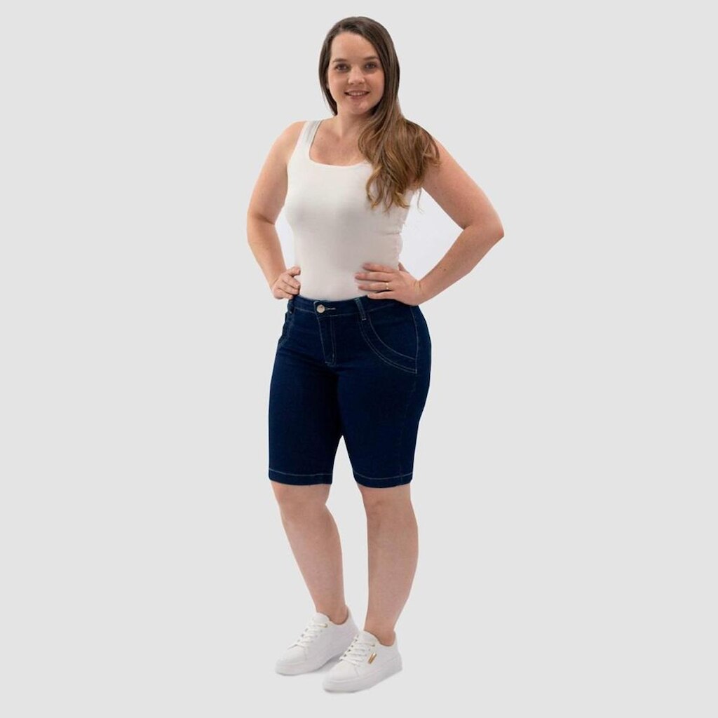 Bermuda Jeans Feminina Zíper Bolsos Básica Moderna