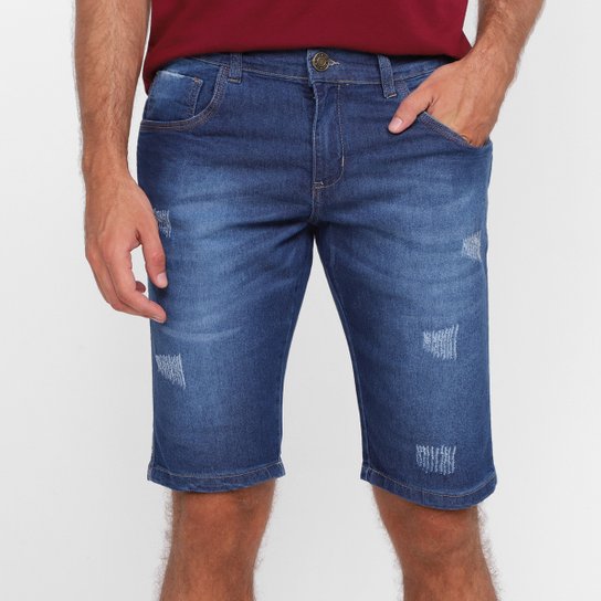 Bermuda Jeans Grifle Puídos Masculina - Azul Menor preço em Bermuda Jeans Grifle Puídos Masculina - Azul