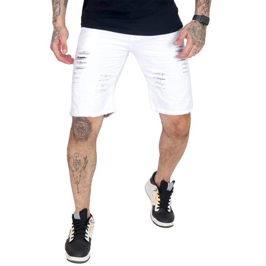 Bermuda Jeans Masculina Rasgada Destroyed - Branco Menor preço em Bermuda Jeans Masculina Rasgada Destroyed - Branco