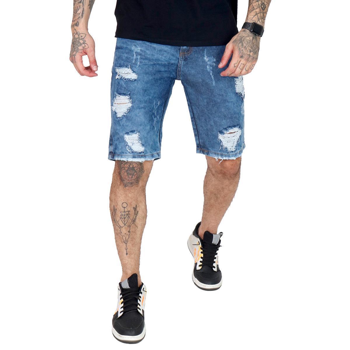 Bermuda Jeans Masculina Rasgada Destroyed - Mescla | Netshoes