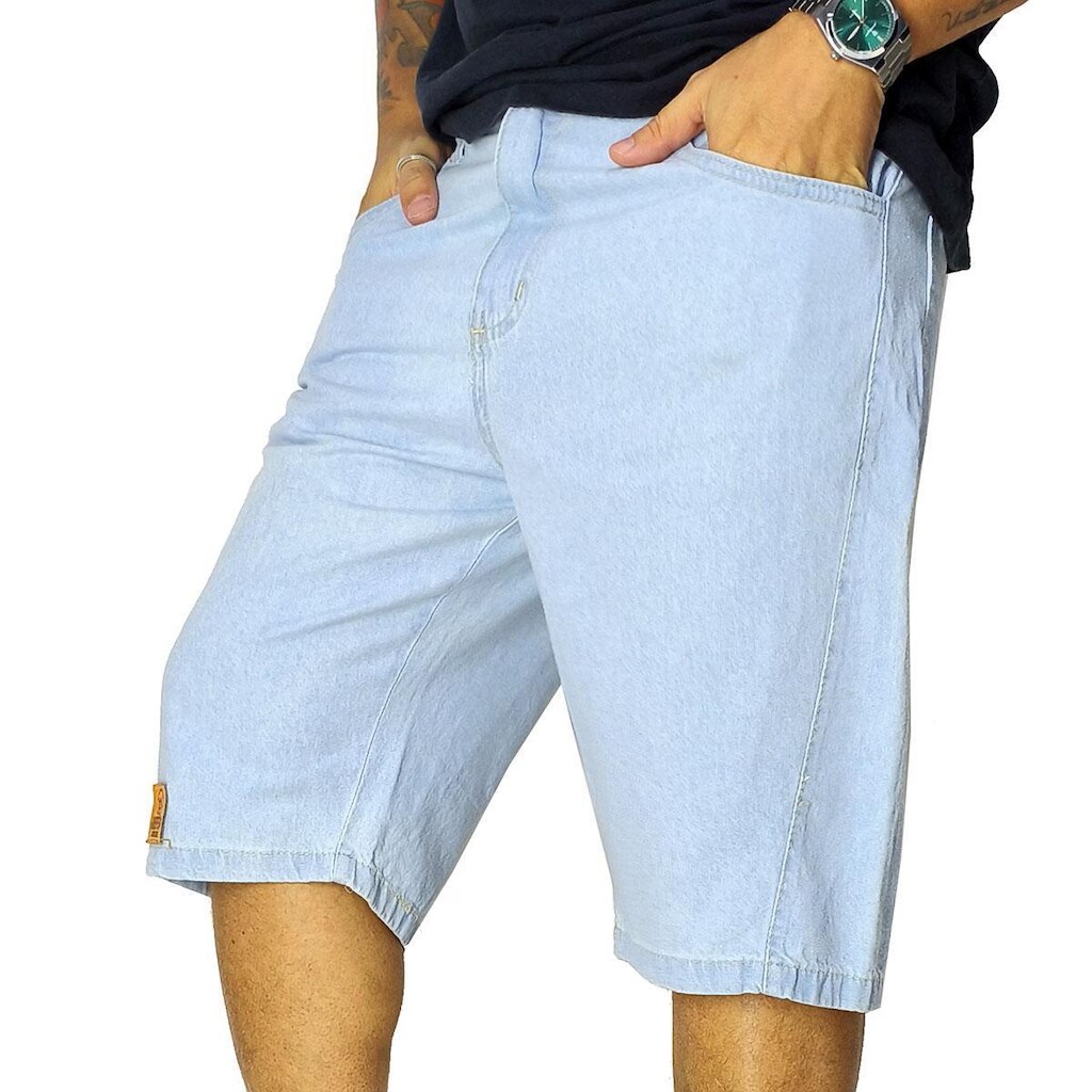 Bermuda Jeans Refen Balão Delavê Bordado Hip Hop