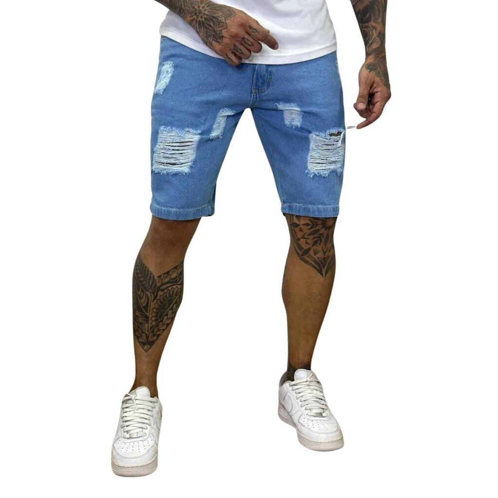Bermuda Jeans Via Estilo Slim Destroyed Masculina