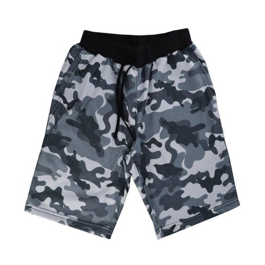 Bermuda Masculina de Moletom Camuflada com Bolso Frontal e Traseiro - Universo Básico - Camuflado Preto Menor preço em Bermuda Masculina de Moletom Camuflada com Bolso Frontal e Traseiro - Universo Básico - Camuflado Preto