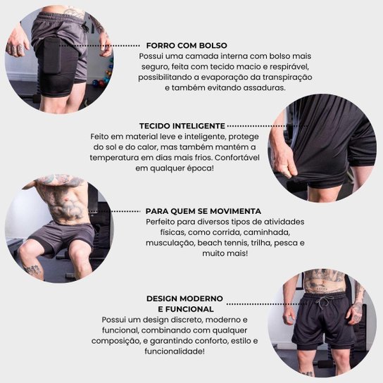 Bermuda Masculina Esportiva 2 em 1 Shorts com Segunda Pele Calção Academia Corrida Fitness Treino
