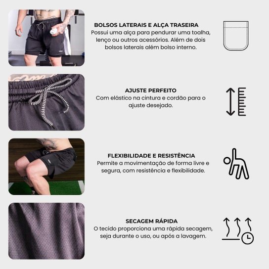 Bermuda Masculina Esportiva 2 em 1 Shorts com Segunda Pele Calção Academia Corrida Fitness Treino
