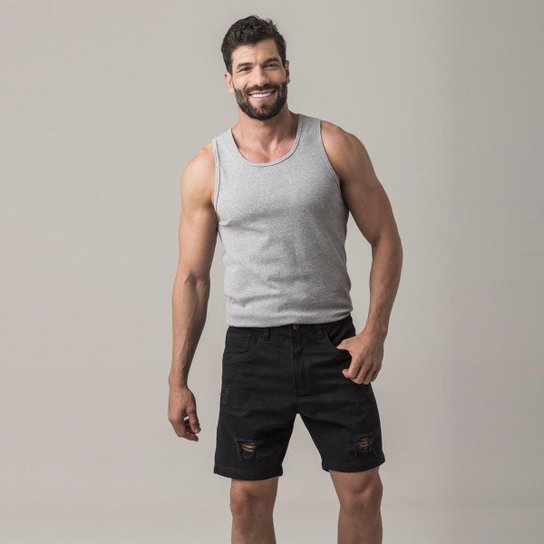 Bermuda Masculina Sarja Rasgada Bolso Moderna Zune Jeans - Preto Menor preço em Bermuda Masculina Sarja Rasgada Bolso Moderna Zune Jeans - Preto