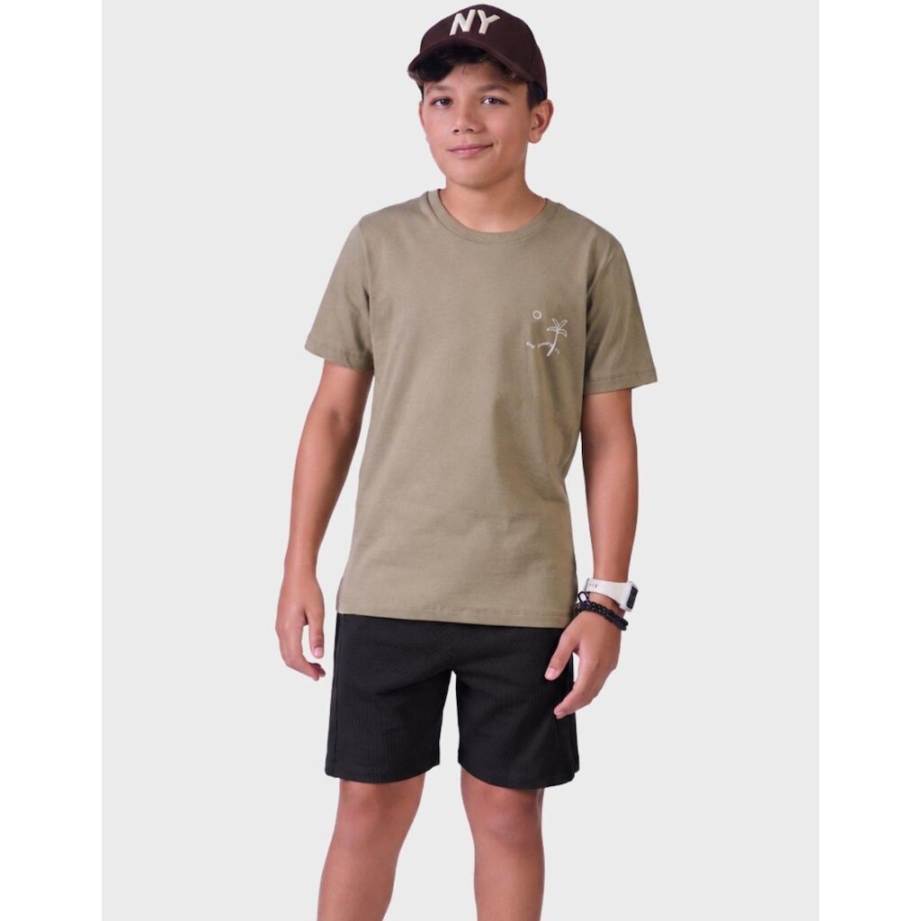 Bermuda Moletinho Estilo Efeito Tricot Marrom Com Detalhes Tropicais De Verão Masculino 4 a 18