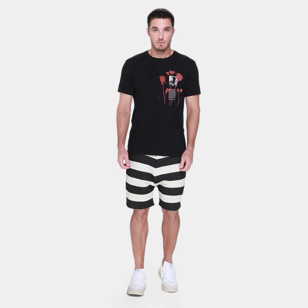 Bermuda Moletom Osklen Casual Listrada Masculina Off White+Preto