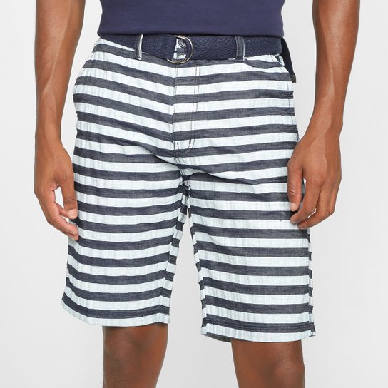 Bermuda Sarja Terminal Listrada Com Cinto Masculina - Azul Menor preço em Bermuda Sarja Terminal Listrada Com Cinto Masculina - Azul