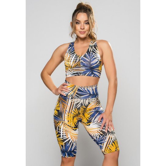 Bermuda Suplex Cintura Alta Fitness Feminino Mvb Modas - Amarelo+Branco Menor preço em Bermuda Suplex Cintura Alta Fitness Feminino Mvb Modas - Amarelo+Branco