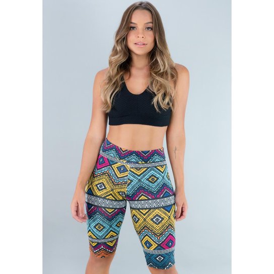 Bermuda Suplex Cintura Alta Fitness Feminino Mvb Modas - Verde+Amarelo Menor preço em Bermuda Suplex Cintura Alta Fitness Feminino Mvb Modas - Verde+Amarelo