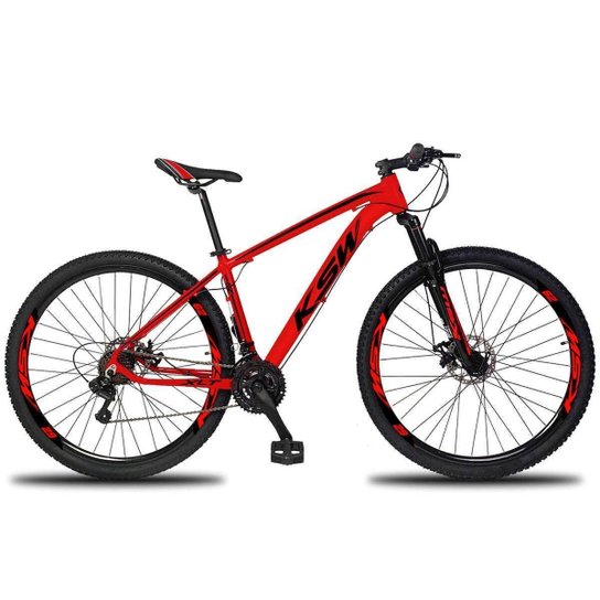 Bicicleta 24V Aro 29 KSW XLT Câmbios Shimano Freio a Disco MTB Aluminio - Vermelho+Preto Menor preço em Bicicleta 24V Aro 29 KSW XLT Câmbios Shimano Freio a Disco MTB Aluminio - Vermelho+Preto