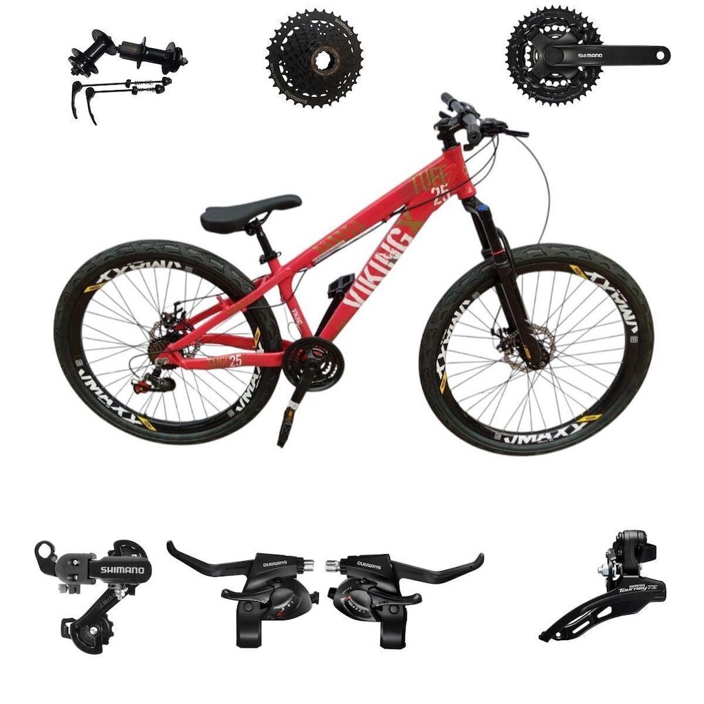 Bicicleta 26 VikingX T25 24v Freeride Shimano K7 Cubo e Catraca Pneu Balão Flame