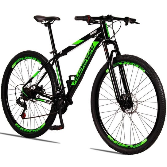 Bicicleta 29 Aluminum Raider 21 Marchas Freio a Disco com Suspensão - Preto+verde Menor preço em Bicicleta 29 Aluminum Raider 21 Marchas Freio a Disco com Suspensão - Preto+verde